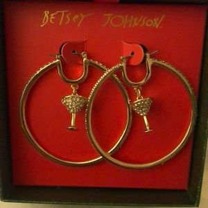 Betsey Johnson Gold Tone Hoop Earrings With Martini Charm & Crystal Accents NIB